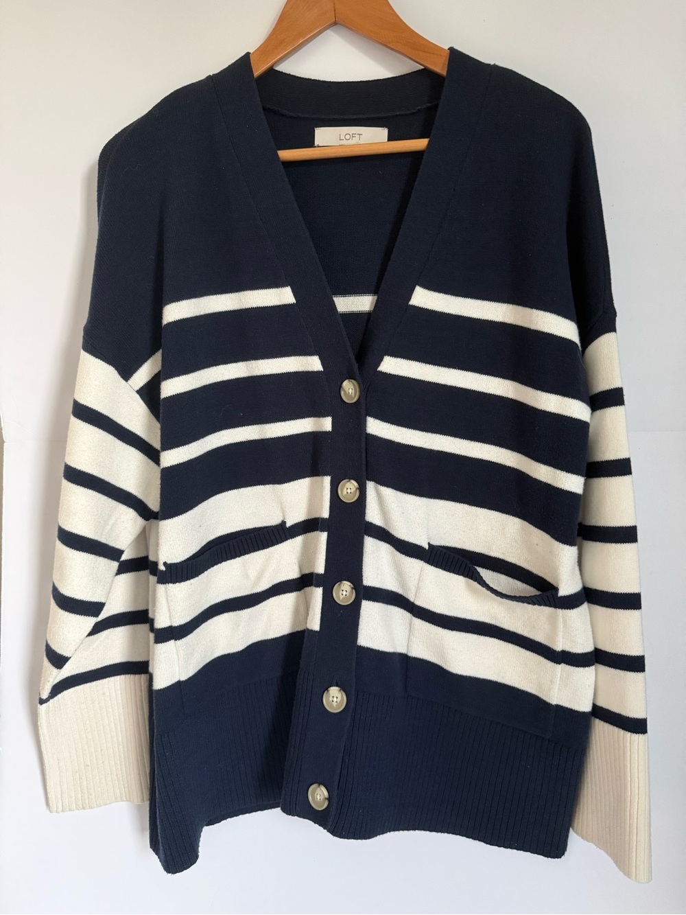 LOFT Navy and Cream Striped Button-Front Cardigan